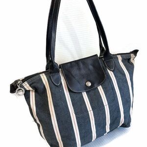 Longchamp Navy and White denim Striped Tote